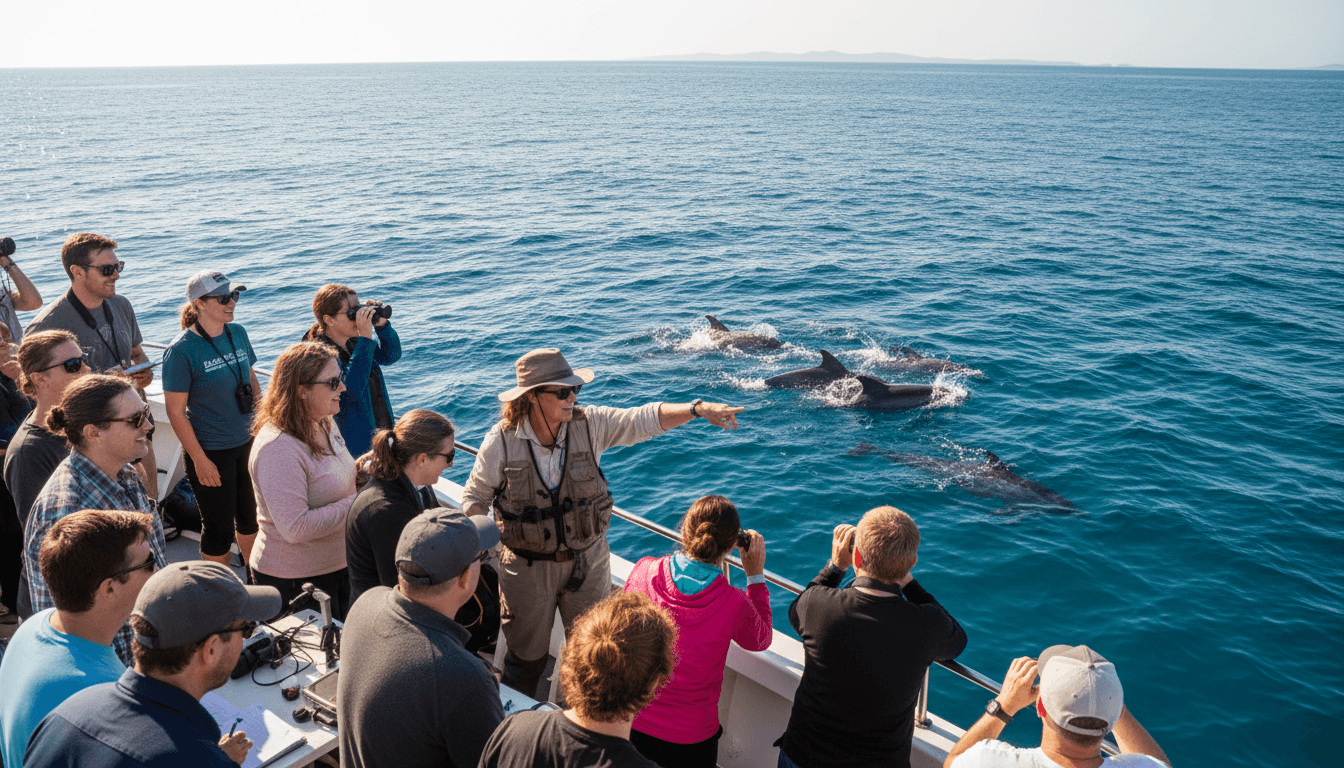 Diverse group of tourists and marine biologist guide observing dolphins from expedition boat in open ocean